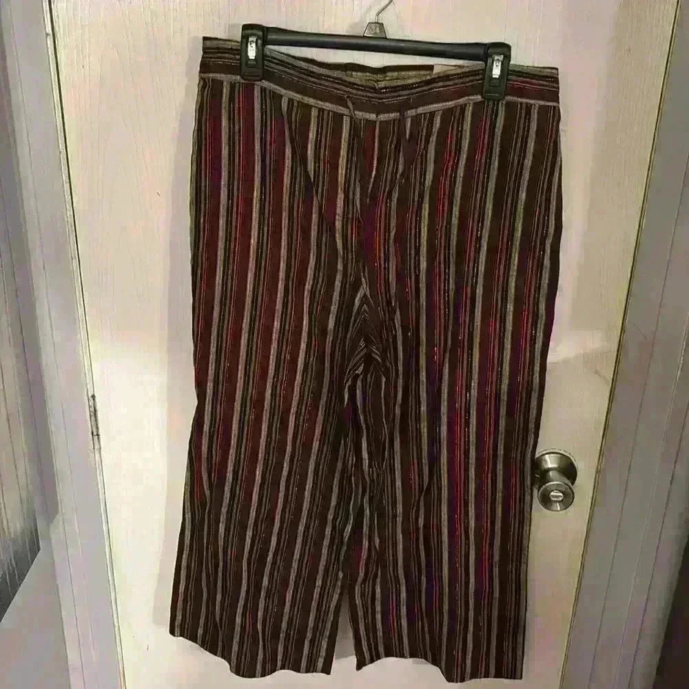 Nwt~ Vtg~ Peck & Peck Linen Pants Maroon Gold Black Stripes Women’s Size 10